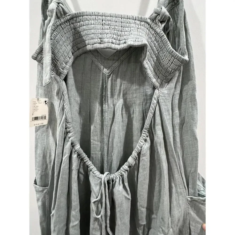 NWT Free People Drifting Dreams Sea Mist Blue Linen Jumpsuit- Size Small - Picture 7 of 9